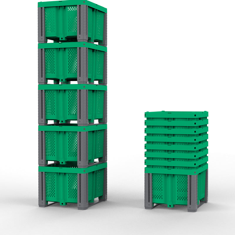 Nesting Plastic Storage Bin Space-Saving Agricultural Crate 70% Empty Storage Reduction Stackable Harvest Container